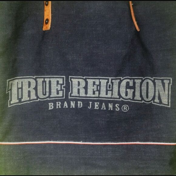 True Religion Horseshoe Stitch Dark Denim Satchel, Dark Denim True Religion Denim Jean Tote Bag Leather Strapped